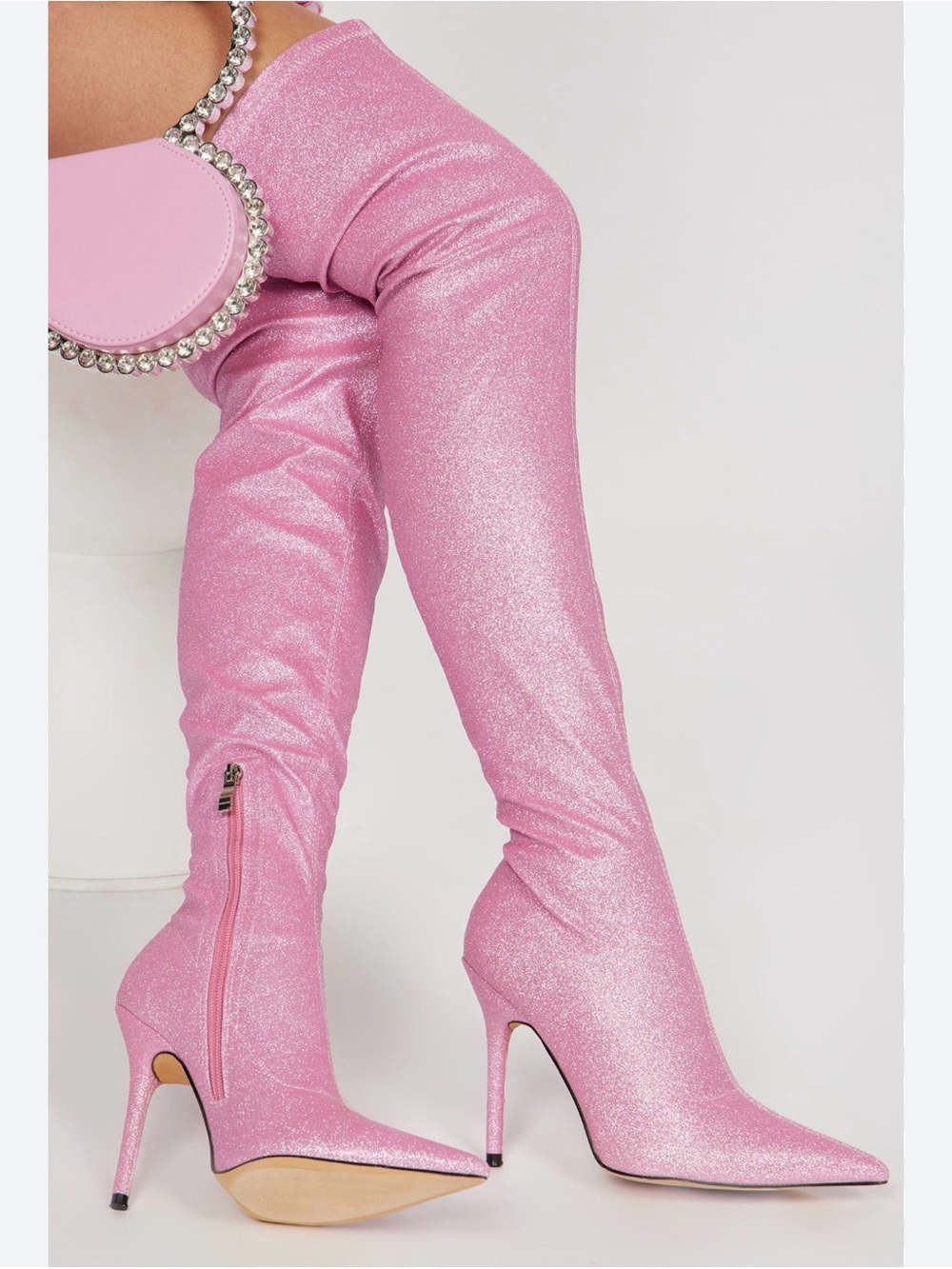 Over-the-Knee Pink Glitter Stiletto Boots